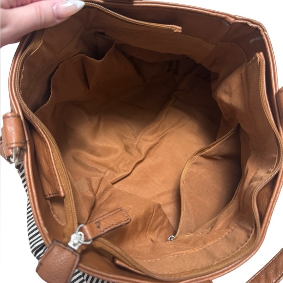 Call It Spring Brown Faux Leather & Striped Canvas Tote Bag - Picture 3 of 8